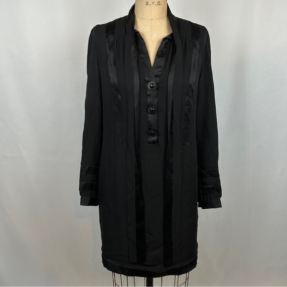 Thread Social Black Long Sleeve Silky Shift Button Front Mini Dress Size 4 - Picture 1 of 12